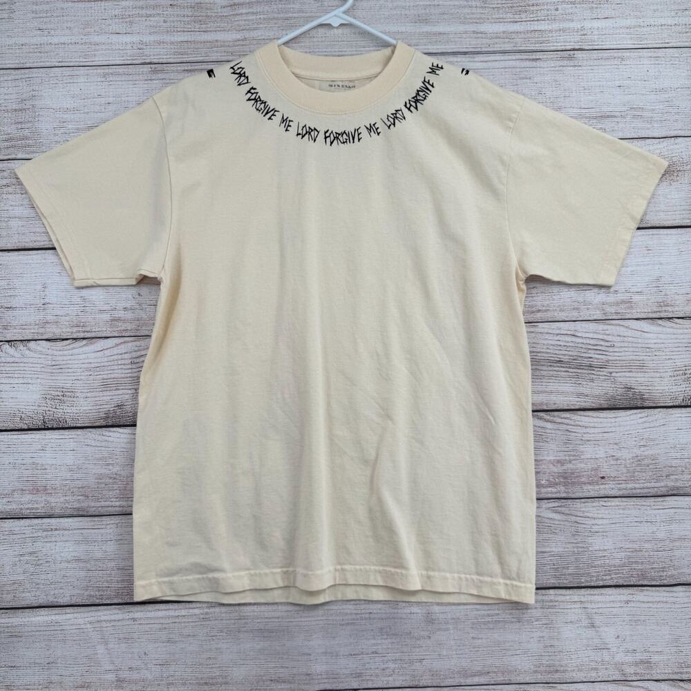 Sixelar Beverly Hills Lord Forgive Me T-Shirt‎ Adult Size Large Cream